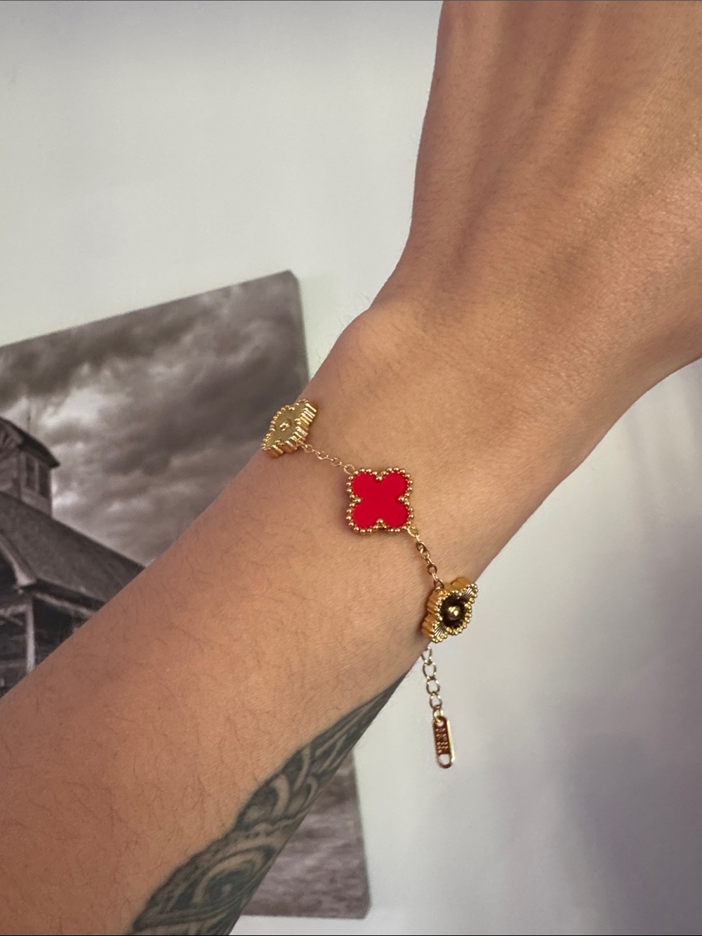Gold Clover Bracelet with red & Gold Enamel Accents adjustable wrist size
